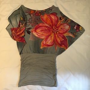 Gray Sheer top w/flower, rushed bottom dress